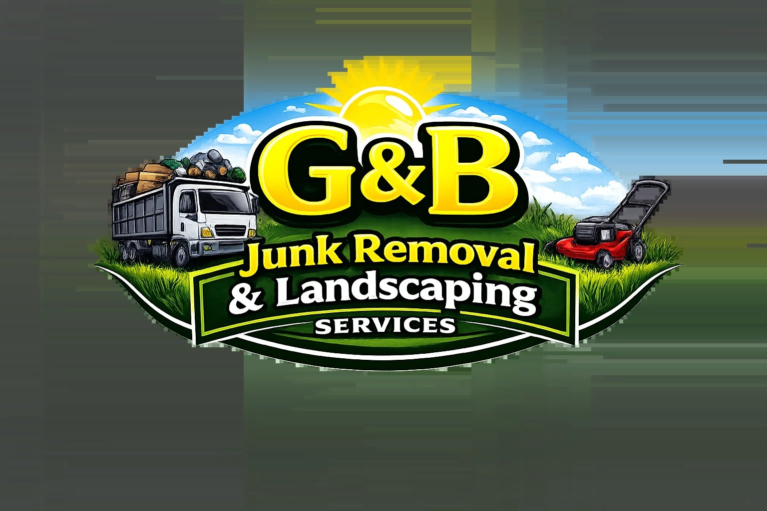 G&B Junk Removal & Landscaping Services logo featuring a bright sun, blue sky, truck and landscaping equipment